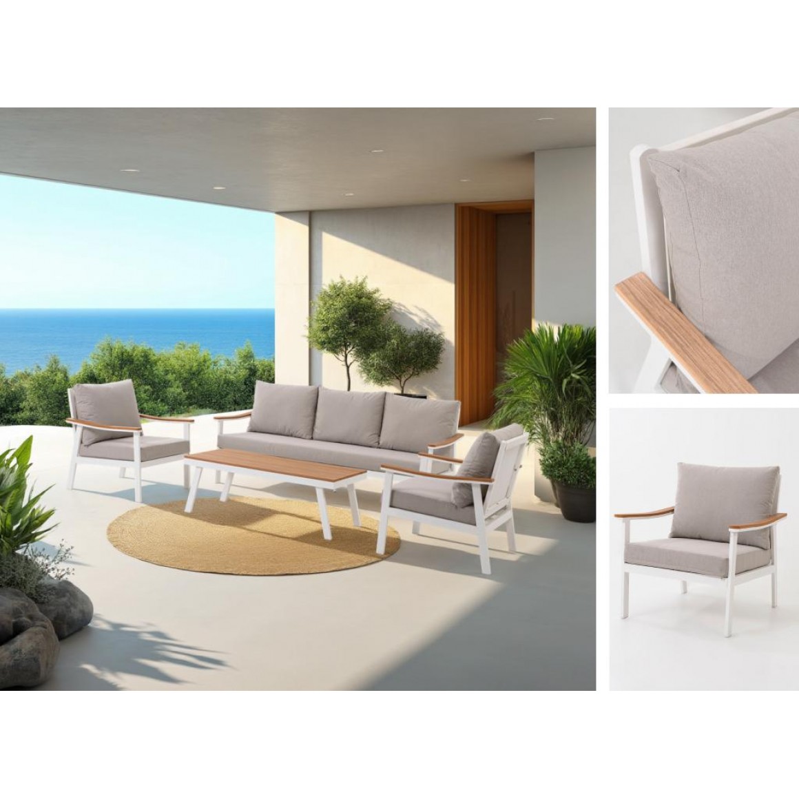 Set 4 Exterior Sofás e uma Mesa de Centro de Aluminio com Madeira Sintética Set 4 Exterior Sofás e uma Mesa de Centro de Aluminio com Madeira Sintética