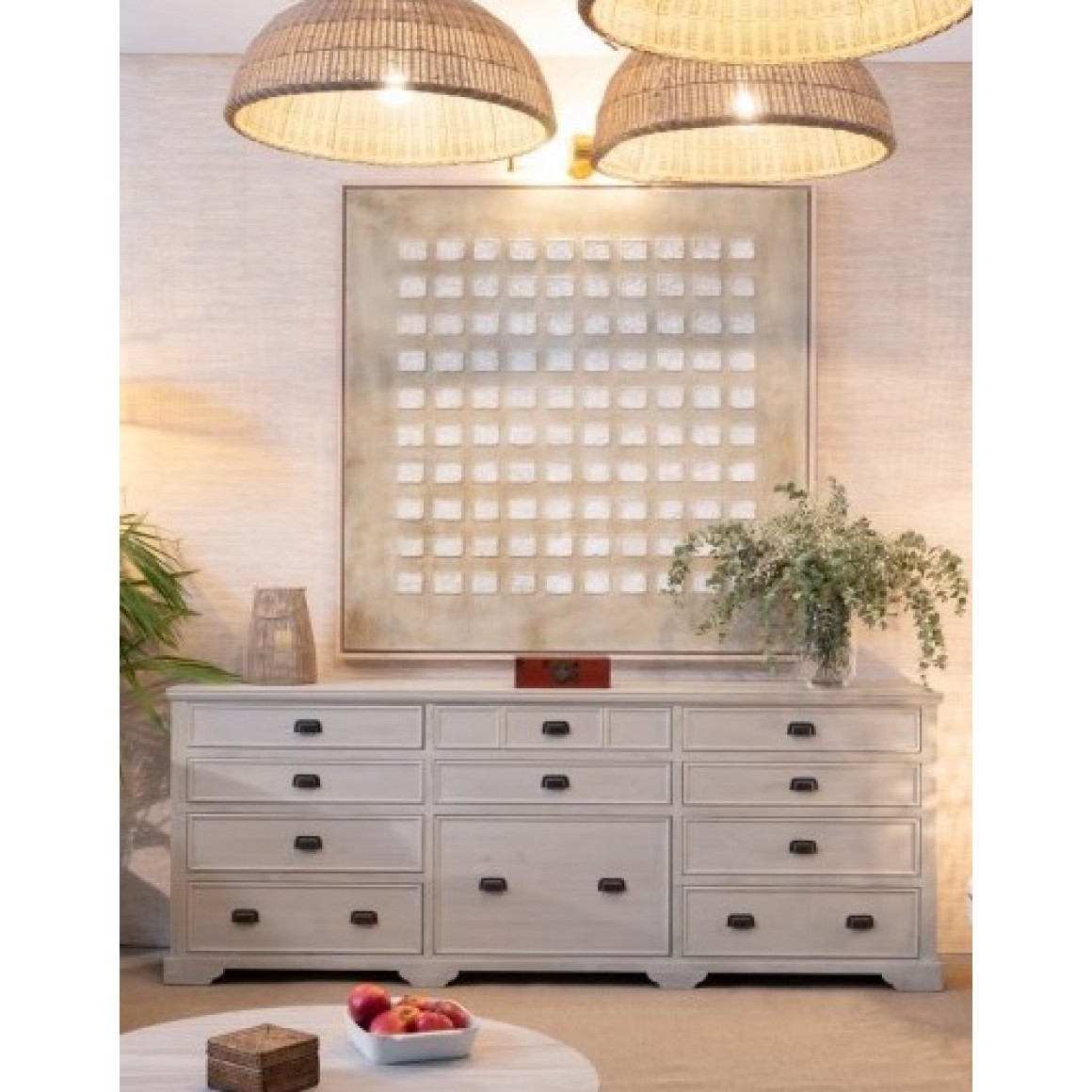 Aparador com acabamento em carvalho branco cinza com 11 gavetas